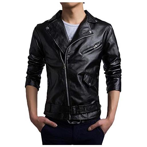 YonglanA giacca da uomo in pelle pu corta colore solido vestibilità slim cerniera diagonale giacca in pelle casual pu nero xxxl