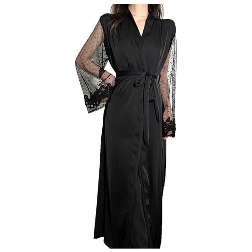 ROSVAJFY vestaglia kimono donna raso lungo donna sexy kimono abito da nott seta accappatoio da sposa damigella d'onore pizzo vestaglia lingerie camicia da notte con cintura (bianco)