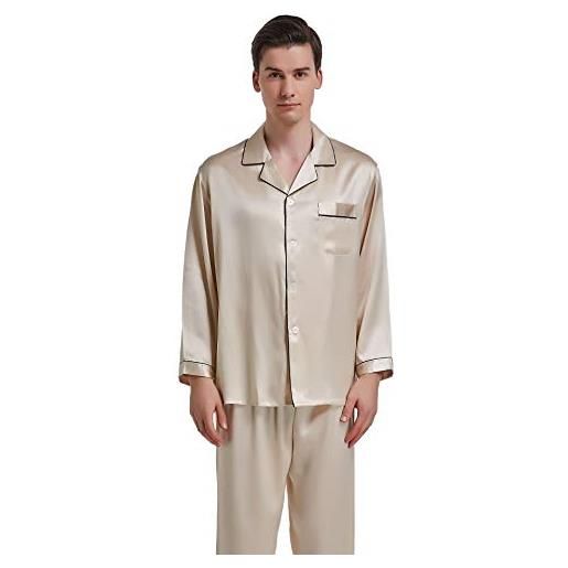 DRGE pigiama in seta da uomo, vera seta di gelso al 100% comodi indumenti da notte, 4/5 maniche e pantaloni a due pezzi, per tutte le stagioni, beige, m