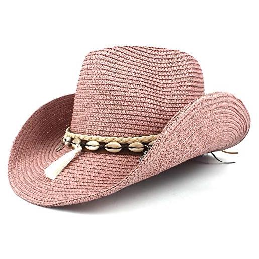 JiuRui-Hats jiu. Rui cappelli e berretti, cappello da donna di paglia, cappello da cowboy occidentale, cappello da cowboy estivo con cappelli di sombrero e cowgirl (colore: rosa, dimensione: 56-58cm)