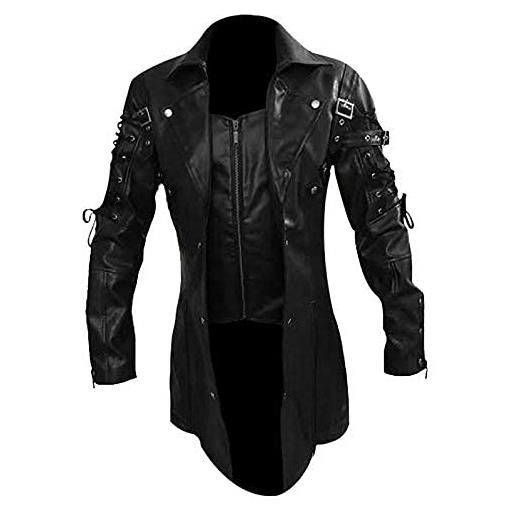 UbAli steampunk gotico uomo finta pelle nero cappotto matrice trench giacca, nero , l