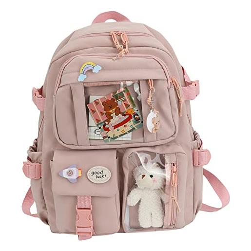 Perfeclan zaino con accessori carini spilla borsa da scuola per ragazza di grande capacità zaino orso appeso multitasche, rosa