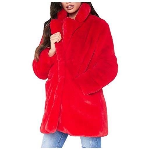 YuanDiann yuan. Dian donna cappotto in pelliccia sintetica midi lungo sciolto morbidi manica lunga caldo risvolto pelliccia ecologica giacca signora finta pelo pellicciotto giubbotto rosso 3xl