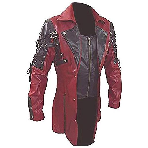 UbAli trench in vera pelle rossa e nera a matrice gotica steampunk gotico in vera pelle cappotti, rosso e nero. , m