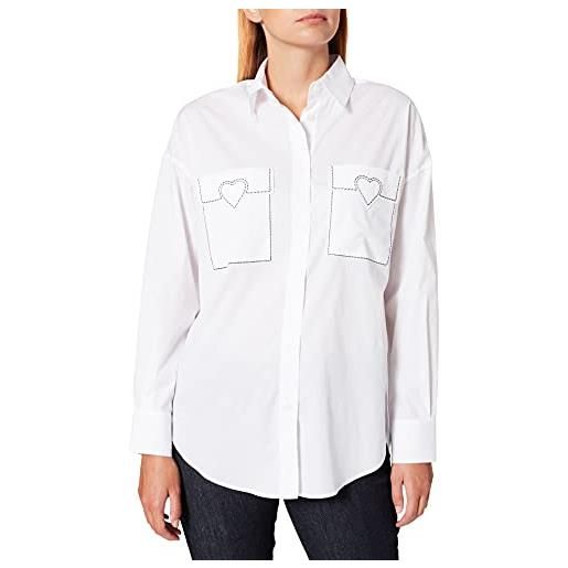 Love Moschino loose fit long sleeved shirt in stretch poplin with chest pockets featuring decorative stitching and customized heart. Camicia, bianco, 42 eu donna