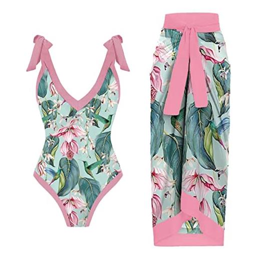 FYMNSI costume da bagno da donna a due pezzi con scollo a v imbottito monokini con gonna lunga avvolgente sarong beach cover up beachwear, rosa + verde, l