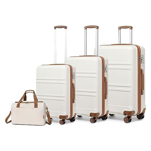 Kono set di 4 valigie rigida e leggera valigia (55cm/65cm/74cm) in abs con 4 ruote rotanti e lucchetto tsa & borsa da viaggio 40x20x25 ryanair, bianco crema