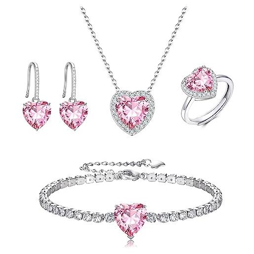 Clearine set di gioielli da donna in argento con lacrima di zirconi cubici collana con orecchini bracciale e anello regolabile aperto per tono rosa argento, zirconia cubica