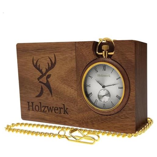 Holzwerk Germany orologio da tavolo 2 in 1, realizzato a mano, orologio da tavolo, con tasche in legno naturale, con catena marrone, oro, argento, numeri romani, oro/marrone