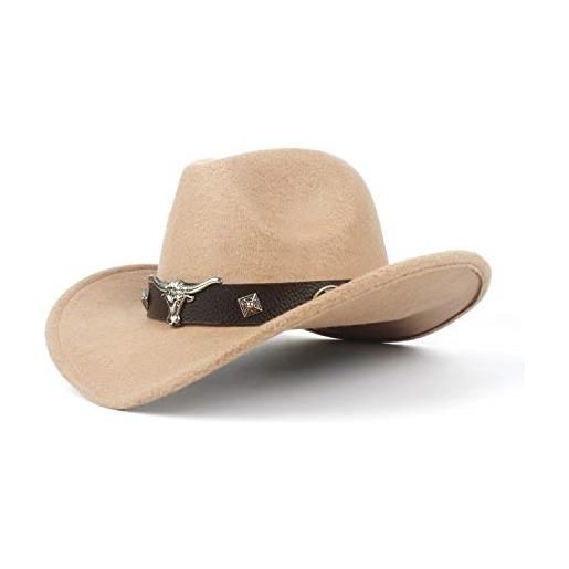 RZL-002-002 rzl cappelli a bombetta, cappello da donna unisex per uomo cappello hondo cow fedora con cintura in lana western cappello da cowboy taglia 56-58cm (colore: beige, dimensione: 56-59cm)