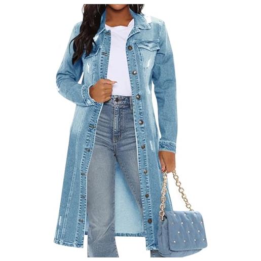 ORANDESIGNE cappotti lunghi da donna in denim trench con cintura cappotto da giacca di jeans lungo giubbotto vintage blu strappato a maniche lunghe con bottoni transizione capispalla m blu xl