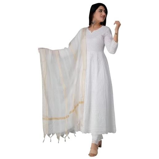 INDACORIFY kurti indiano chikankari in cotone per donna, abito estivo kurta pant con set dupatta, kurta lungo-piccolo pakistano (s)