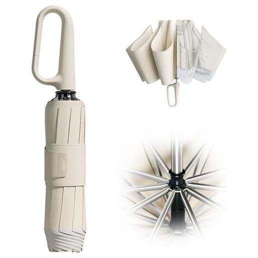 BOSONS ombrello con fibbia ad anello, striscia di sicurezza riflettente, robusto antivento, portatile da viaggio, ombrello automatico inverso, ombrello da viaggio pieghevole compatto (gray)