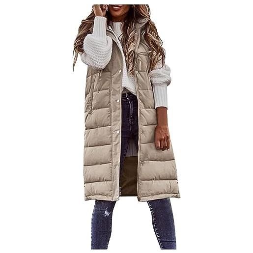 Yeooa giacca invernale da donna gilet lungo trapuntato gilet caldo di transizione gilet leggero con cappuccio giacca softshell senza maniche gilet casual con cerniera (beige, xl)