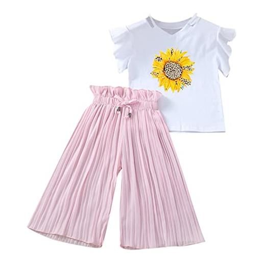 L9WEI pigiamino pile toddler kids girls set di abbigliamento summer sunflower t shirt top chiffon increspato pantaloni larghi abiti abbigliamento per bambini completo bambina 5 anni estate