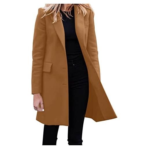 Generic cappotto di lana tinta unita tinta unita casual allentato medio lungo petto moda donna, marrone chiaro, xl