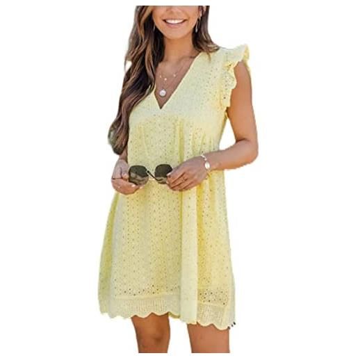 Bonseor california romper dress with shorts, summer v-neck cotton short skirt solid color dress california romper, california lace dress romper (xl, gelb)