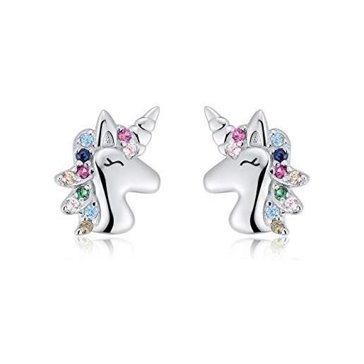 Qings orecchini unicorno in argento sterling 925 per bambina, orecchini unicorno a clip, orecchino unicorno colorato color