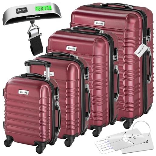 TecTake® set di 4 valigie rigide mila, trolley inseribili con rotelle girevoli a 360°, maniglia telescopica regolabile, spazio interno espandibile, robusta, bilancia, etichette - rosso vino