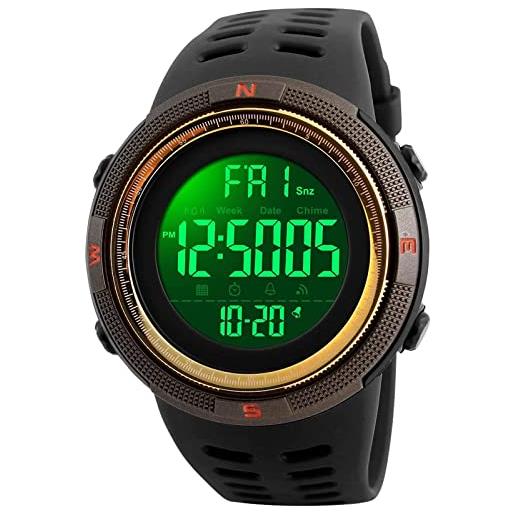 SKMEI orologio sportivo digitale da uomo 50 m impermeabile led militare multifunzione smart watch cronometro conto alla rovescia auto, nero-oro, 