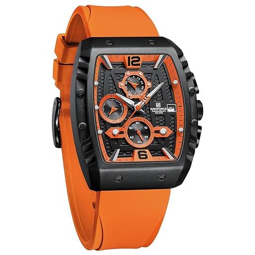 Naviforce orologio sportivo cronografo impermeabile per uomo, cinturino in silicone colorato, orologio da polso al quarzo con data automatica, arancione