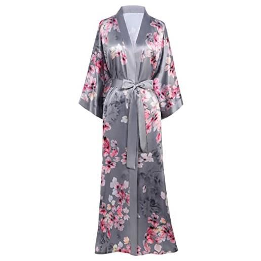 Coucoland babeyond - vestaglia da donna lunga in raso, kimono estivo con motivo floreale stampato, grigio. , taglia unica-l