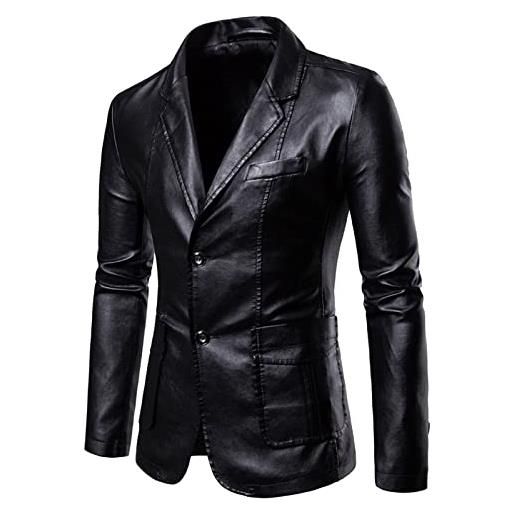 CUTeFiorino giacca in similpelle blazer da uomo, tinta unita, slim fit, a maniche lunghe, con bottoni, con tasche, per ufficio, blazer per il tempo libero, vestibilità elegante, giacca softshell, nero