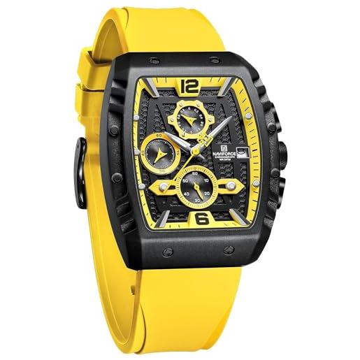 Naviforce orologio sportivo cronografo impermeabile per uomo, cinturino in silicone colorato, orologio da polso al quarzo con data automatica, giallo