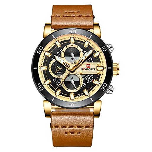 Naviforce - nf9131 - orologio da polso al quarzo analogico moda uomo, cinturino in pelle, impermeabile (cinturino: grigio chiaro/indice: oro)