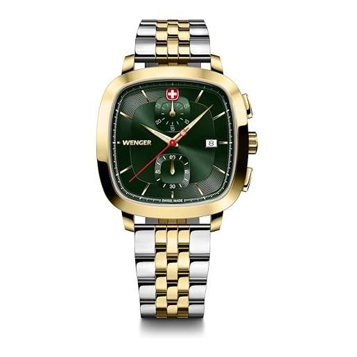 WENGER cronografo classico vintage da uomo (40 mm) quadrante verde/bracciale in acciaio inossidabile bicolore 01.1933.105