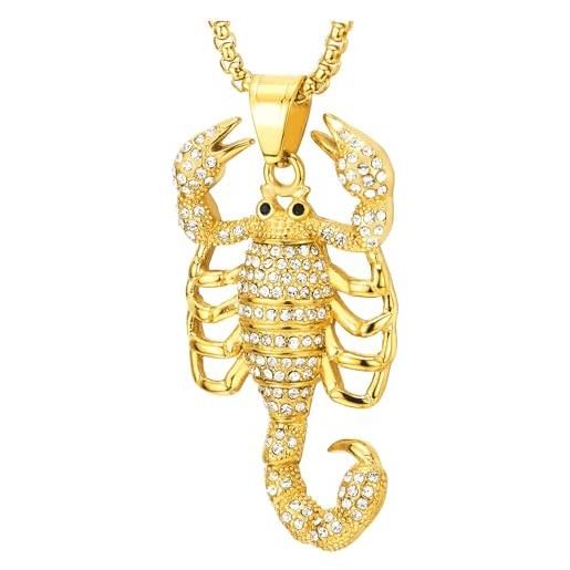 COOLSTEELANDBEYOND colore oro acciaio inossidabile scorpione ciondolo collana con zirconi, collana da uomo donna, catena del grano 70cm