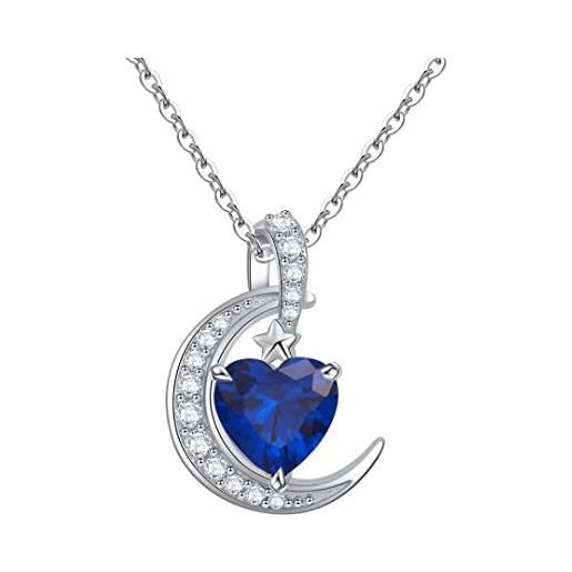 Qings ciondolo donna collana luna zaffiro blu birthstone settembre solitario argento 925 collane cuore regalo di anniversario per sposa donne