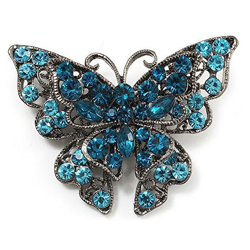 Avalaya spilla a forma di farfalla in filigrana con cristalli azzurri (argento), misura unica, pietre preziose, argento, cristallo