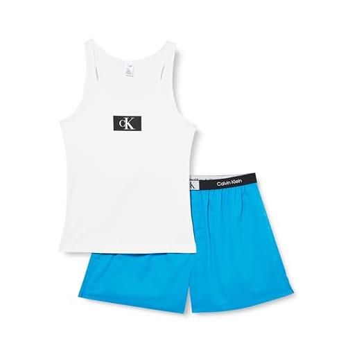 Calvin Klein set pigiama donna corto, multicolore (white top/brilliant blue bottom/bag), xs