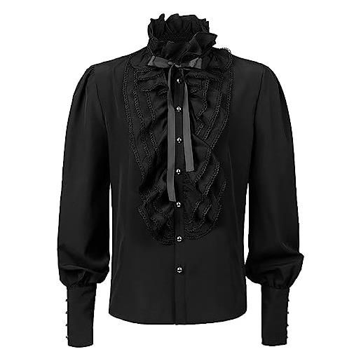Duohropke camicia da uomo a maniche lunghe da pirata gotico steampunk volant top camicetta vittoriana cosplay rinascimentale, 01 nero, l