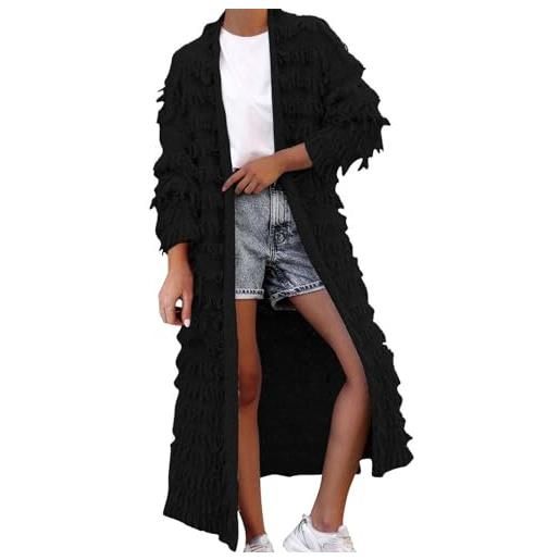 UnoSheng cardigan spesso donna giacca lunga con frange, cappotto misto lana, maniche lunghe, girocollo, frangia, trench, capispalla donna, nero , xxl