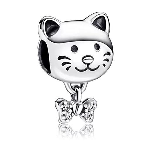 RMMY cartoon pet cat & bow charm ciondolo in argento sterling 925 robots bear charm bead compatibile con bracciale e collane europei da donna, gioielli per ragazze perline regali