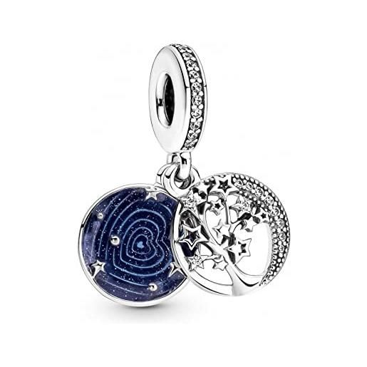 Pandora pendente moments in argento sterling con albero genealogico a forma di stella e luna, con zirconi cubici trasparenti e smalto blu glitterato