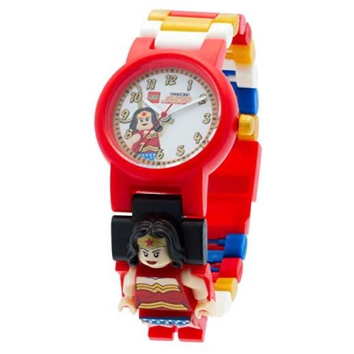 Lego dc comics super heroes 8020271 orologio da polso componibile per bambini con cinturino a maglie e minifigure wonder woman| per i bambini | rosso/giallo | ragazzo/ragazza | diametro di 25 cm | quarzo analogico| ufficiale