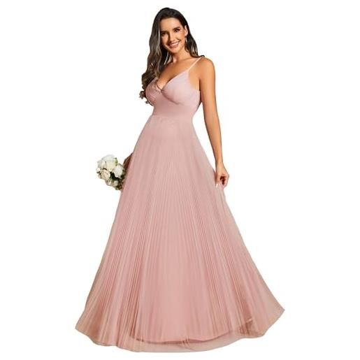 Ever-Pretty vestito da damigella d'onore lungo stile impero tulle linea a collo a v abito da ospite di nozze donna causal rosa 40