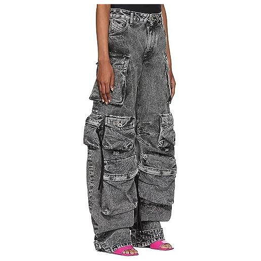 QLXYYFC pantaloni cargo da donna y2k jeans larghi a vita alta tasca con patta pantaloni larghi in denim streetwear (color: gray, size: m)