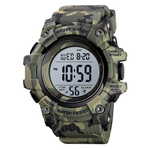 TONSHEN orologio sportivo uomo impermeabile led elettronico doppio tempo allarme cronometro outdoor militare digitale orologi da polso (verde camo)