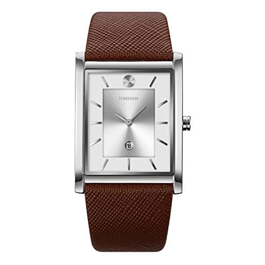 TONSHEN orologi da polso da uomo fashion lusso analogico quarzo acciaio inossidabile cassa e pelle cinturino casual elegante orologio (argento-marrone)