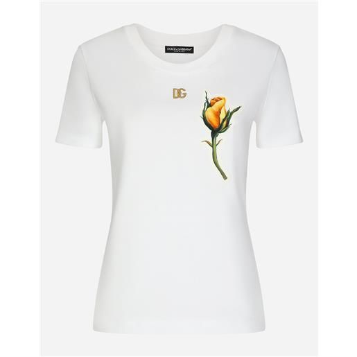 Dolce & Gabbana t-shirt in jersey con logo dg e ricamo patch rose gialle