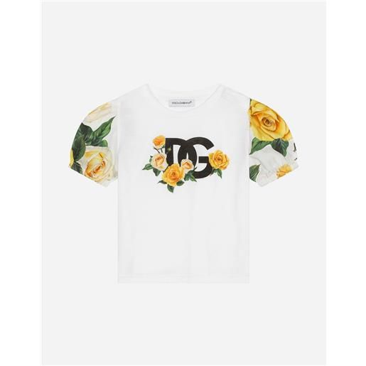Dolce & Gabbana t-shirt in jersey e popeline con stampa rose gialle e logo dg