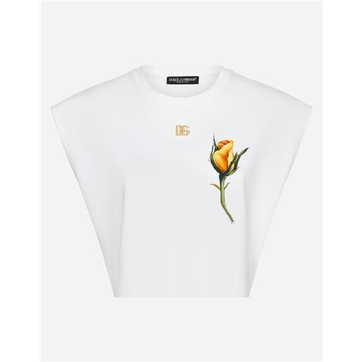 Dolce & Gabbana t-shirt cropped in jersey con logo dg e ricamo rosa patch
