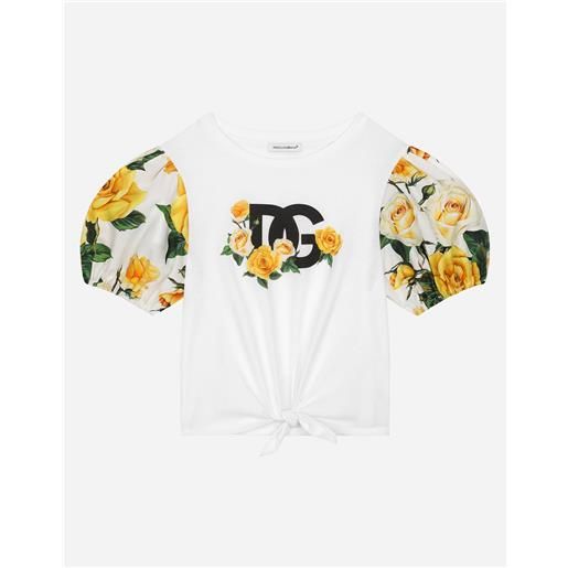 Dolce & Gabbana t-shirt in jersey e popeline con stampa rose gialle e logo dg