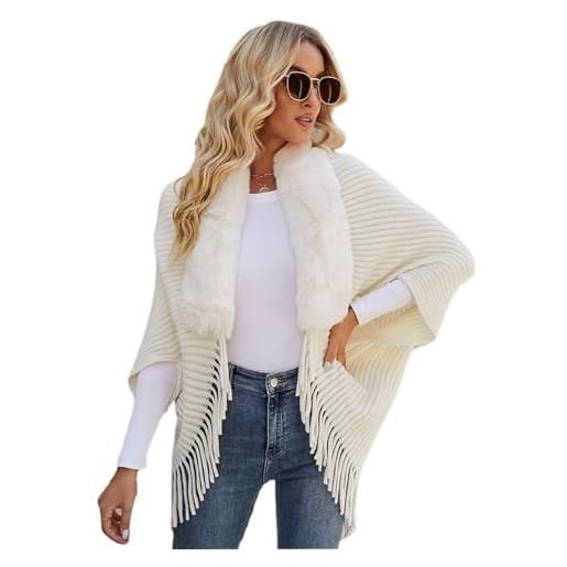 HEXEH winter knit fringe fur collar shawl, ladies knitted loose thickened shawl, fringe shawl for evening dresses (one size, beige)