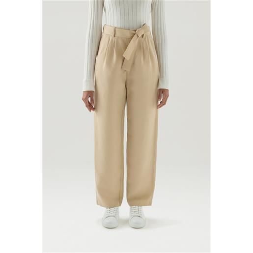 Woolrich donna pantaloni in misto lino con cintura in tessuto beige taglia m