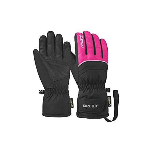 Reusch tommy gore-tex guanti da dito unisex con velcro, per bambini, caldi, impermeabili e traspiranti, 720 nero/rosa glo, 6.5